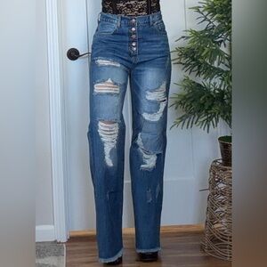 Distressed High-Rise Button-Fly Women’s Blue Jeans size 11 juniors, 29 womens